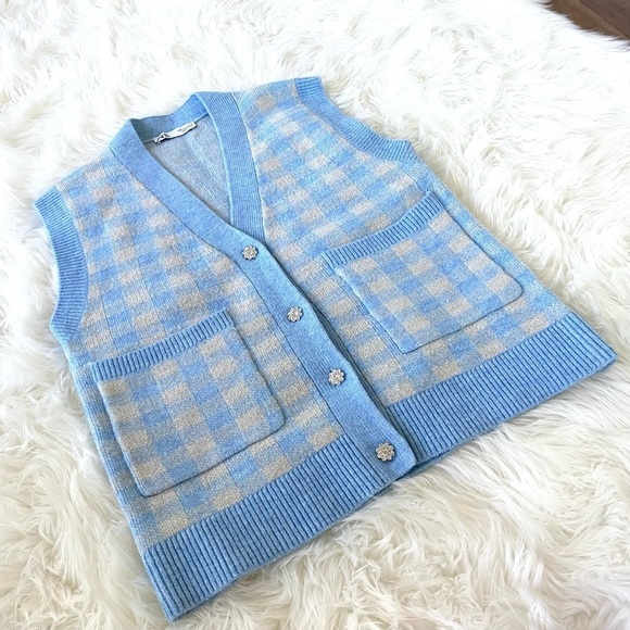 ZARA BLOGGER’S Favourite PLAID CHECK KNIT VEST With RHINESTONE BUTTONS S - Picture 12 of 16